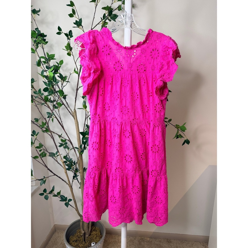 Ryan Michelle Hot Pink Eyelet Lace Mini Dress Cotton Ruffle Tiered Boho M - Picture 3 of 8